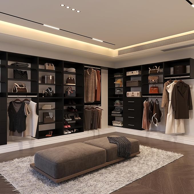 Short Tower Closet Unit, Modular Closet System, Wood Closet System Organizer with Storage for Walk In Closets, Clothing Rack Wardrobe for Hanging Clothes, Bedroom, Black, 31.5"W