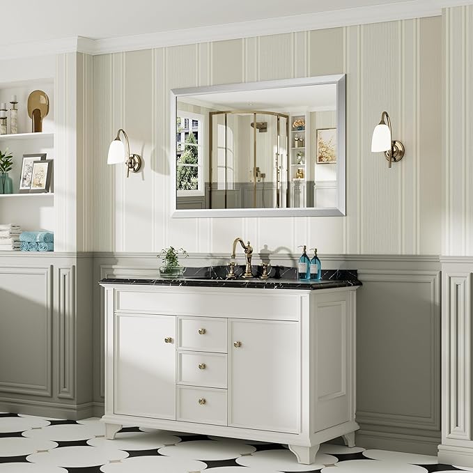 48x32 Inch Brushed Nickel Bathroom Mirror for Wall, Thick Metal Framed Rectangle Mirrors for Over Sink, Bedroom, Living Room, Entryway, Anti-Rust, HD Tempered Glass