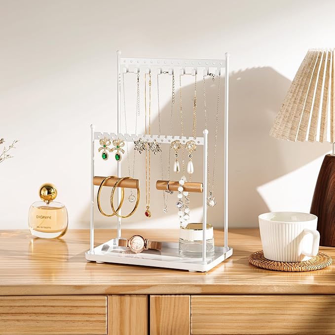 Jewelry Tower Necklace Holder Organizer – 3-Tier Jewelry Display Rack with Storage Tray – Holds 22 Pairs of Earrings, Bracelets, Rings, Necklaces – Gift for Girls & Women, White