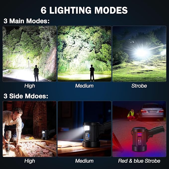Spotlight Rechargeable, 99,000 Lumens Super Bright Handheld Flashlight, Outdoor Led Spot Light with Cob Light and Solar Panels for Boating Camping Home