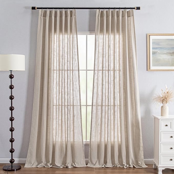 MYSKY HOME Extra Long Curtains for Living Room, 102 Inch Length Semi Sheer Curtains Soft Cotton Fabric Boho Window Drapes Light Filtering Backdrop Panels Pinch Pleated, 40 x 102 in, Taupe, 2 Pieces