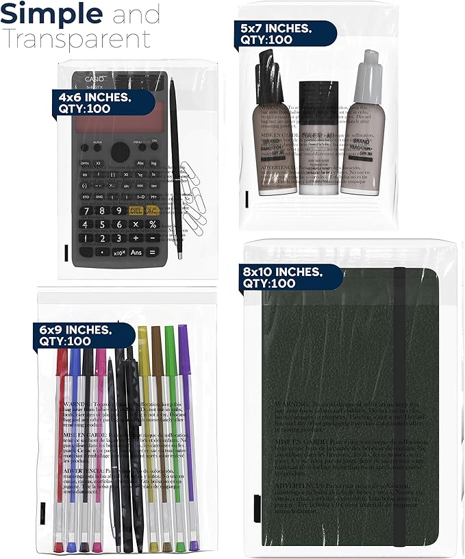 Poly Bags with Suffocation Warning 4x6", 5x7", 6x9", 8x10" - Small Combo Pack of 400 (100 each size) - Clear Poly Bags by Retail Supply Co - Resealable