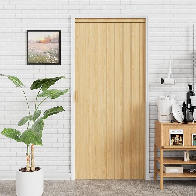 24-36 x 80in Enhanced Accordion Doors Interior Folding Door, PVC Accordion Door with Upgraded Roller & Handle & Complete Hardware, for Closet Bathroom Doorways - Oak