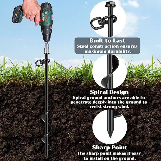 Ground Anchors (1pcs) Easy to Use 10mm Diameter, Heavy Duty Anchor Hook for Camping Tent, Canopies, Car Ports, Sheds, Swing Sets, Securing Animals – Black Powder Coated