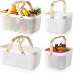 Sadnyy 4 Pcs Plastic Mesh Garden Harvest Basket Storage Basket with Wooden Handle Multi Functional Mesh Bin for Kitchen Cabinet Picnic Fruit Vegetable Gathering Organizer(Large, Small,White)