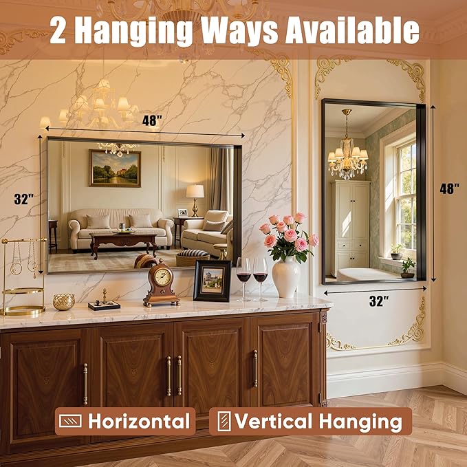 48"x32" Black Framed Bathroom Mirror, Large Rectangular Vanity Mirror, Aluminum Metal Frame, Wall Farmhouse Modern Wall-Mounted Mirrors for Bathroom, Bedroom, Living Room, Over Sink