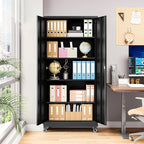 Metal Storage Cabinet with Wheels, Tall Garage Storage Cabinet with 4 Adjustable Shelves and 2 Doors, Lockable Tool Cabinet for Garage Home Office,Gym,School(Black)