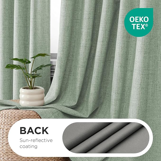 Joydeco Pinch Pleated Curtains - 100% Blackout for Bedroom, Sage Green Linen Curtains 40" W x 96" L, Thermal Insulated 2 Panels Light Blocking Drapes, Back Tabs for Living Room