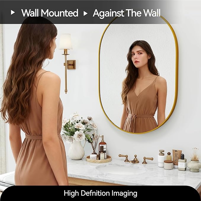 36x24 Mirror Runway Oval Wall Mounted Aluminum Alloy Metal Frame Rectangle Mirrors for Entryway Bedroom Bathroom Living Room 36 24 inch Gold