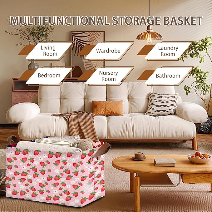 Pink Strawberry Collapsible Storage Bin - 17x11.5x10.5 Inch Foldable Organizer Basket for Nursery, Kids Room,Kitchen, Pantry, Home Decor - Single Pack No Lid Space-Saving