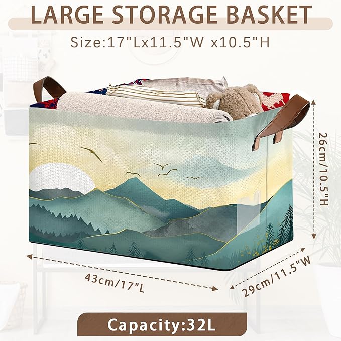 Sun Mountains Storage Basket Large 17x11.5x10.5 Inches - Collapsible Fabric Organizer Bin with Handles for Living Room, Bedroom, Blankets - Decorative Hamper with Scenic Mountain Design - Single Pack