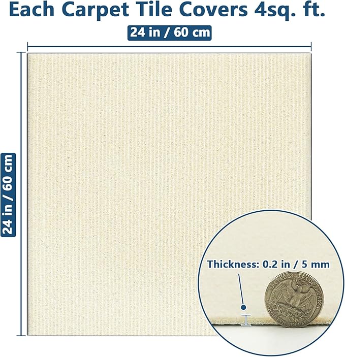Carpet Tiles Peel and Stick 24” x 24”, Self Adhesive Soft Padded Flooring Stickers, Off-White Home Decor for Bedroom Living Room Office, 20 Tiles & 80 sq ft per Box