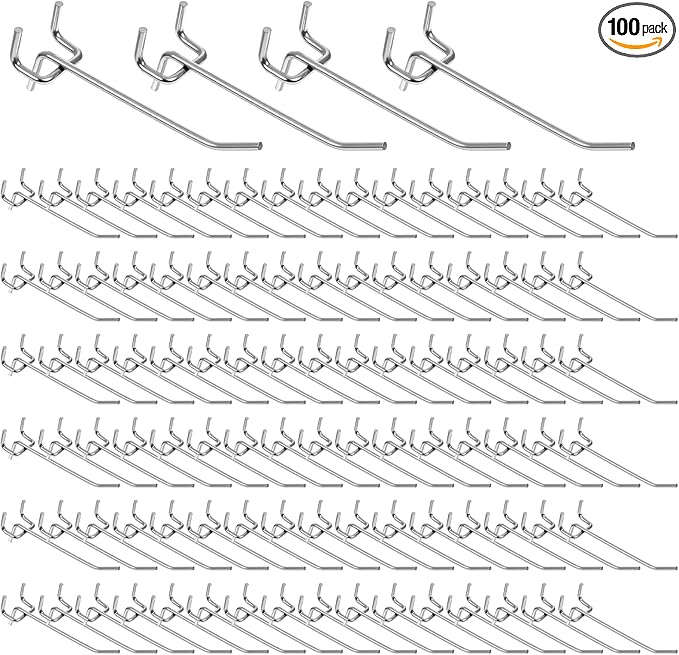 100 Pack Peg Board Hooks Silver 6 Inch Iron Pegboard Organizer Hook, Metal Peg Shelf Hooks for Pegboard 1/8 and 1/4 for Garage, Office,Kitchen, Store