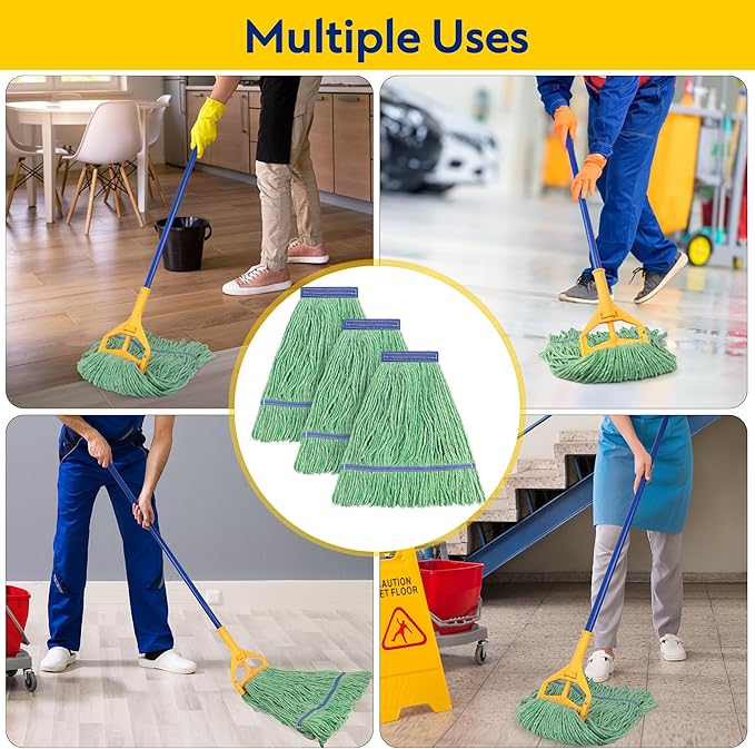 Matthew Cleaning Heavy Duty Mop Head Commercial Replacement for General and Floor Cleaning , Wet Industrial Blue Cotton Looped End String Head Refill (Pack of 12) Green