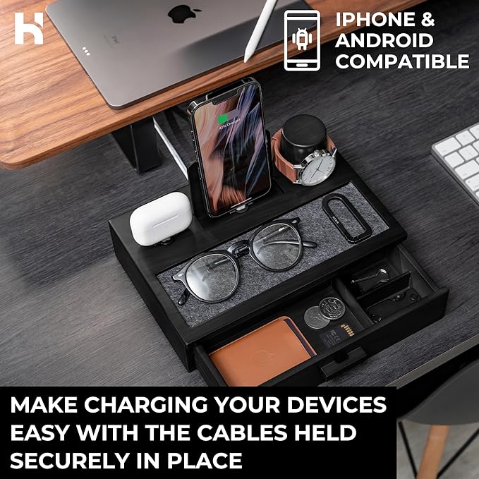 Holme & Hadfield Premium Wooden Phone Docking Station with Drawer – Nightstand Organizer for Charging Phone & Earbuds – Declutter Your Space with Felt-Lined Protection & Watch Pillar – Gift For Men