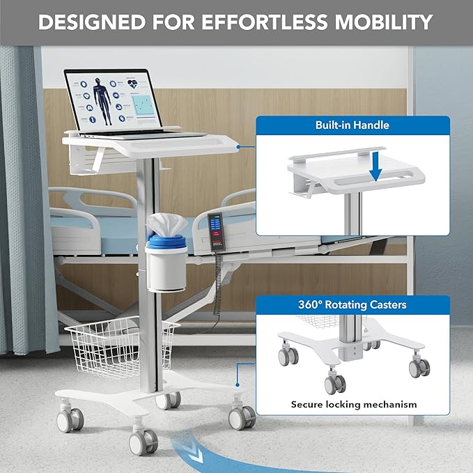 Mount-It! Medical Laptop Cart with Locking Wheels and Anti-Theft Bar, Mobile Computer Workstation for Clinics, Hospitals, Labs – Secure Rolling Cart with Supply Holders and Cable Management
