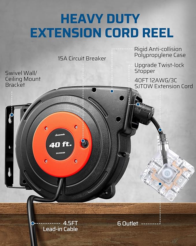 DEWENWILS 40 FT Retractable Extension Cord Reel with 6 Grounded Outlets, Twist-lock Stopper, 12/3C SJTOW Heavy Duty Power Cord, Wall/Ceiling Mounted for Garage, Workshop, ETL Listed