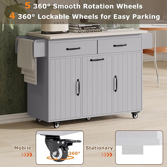51" Moveable Kitchen Island with Trash Can Storage Cabinet, Kitchen Cart with Drop Leaf, Spice Rack, Towel Rack and Drawer, Rolling Kitchen Island on 5 Wheels with Adjustable Shelf, Grey
