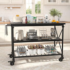 Homieasy Kitchen Island Cart with Wheels, 3-Tier Wood and Metal Rolling Kitchen Island Table with Pipe Legs, Storage Shelves & Lockable Casters for Kitchen Dining Room, Black