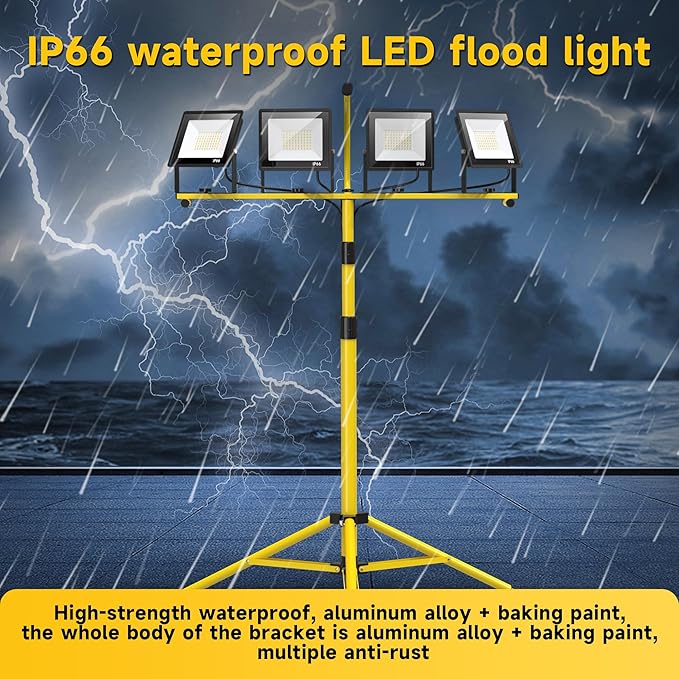 TOPRATED Plug In Led Work Light with Stand,28000 Lumen 110V 4 Adjustable Head Outdoor Flood Lights,Foldable Mechanic Light with 16.5Ft Power Cord,Portable Waterproof Tripod with Lamp for Workbench