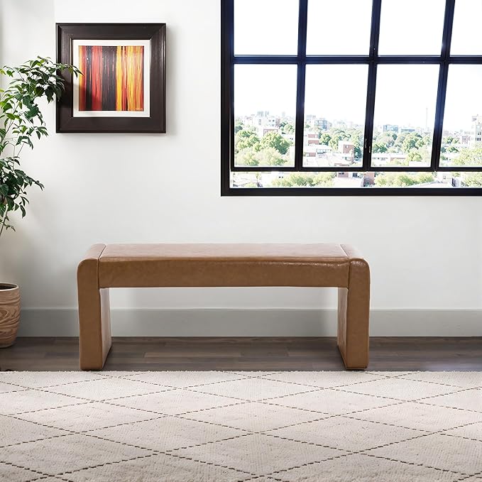 Faux Leather Entryway Bench End of Bed Bench Upholstered Modern Window Bench Comfy Ottoman for Dining Room/Bedroom/Living Room/Hallway/Indoor (Camel Brown)
