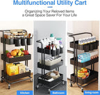AIYAKA 3-Tier Rolling Utility Storage Cart, Multifunction Trolley Service Cart, with Mesh Basket Handles and Wheels, for Bathroom, Kitchen, Office, Black