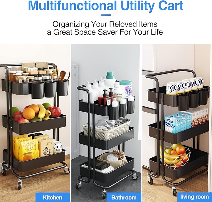 AIYAKA 3-Tier Rolling Utility Storage Cart, Multifunction Trolley Service Cart, with Mesh Basket Handles and Wheels, for Bathroom, Kitchen, Office, Black