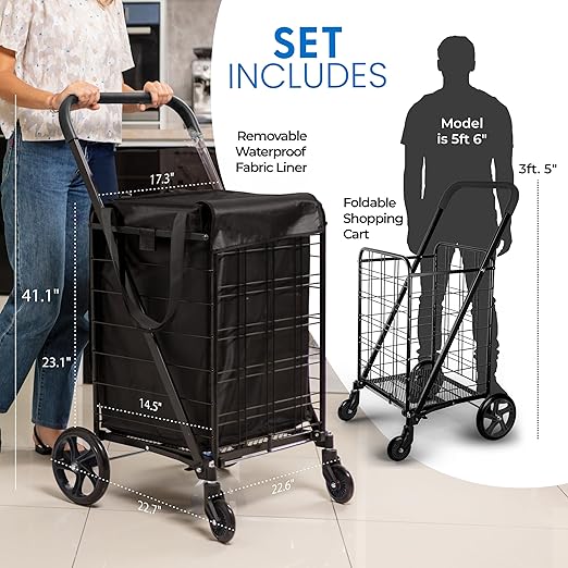 SereneLife Large Folding Utility Shopping Cart with Removable Liner – Heavy Duty, 360° Swivel Wheels, 110 lb Capacity, Portable for Groceries, Laundry, Luggage, and More (Black)