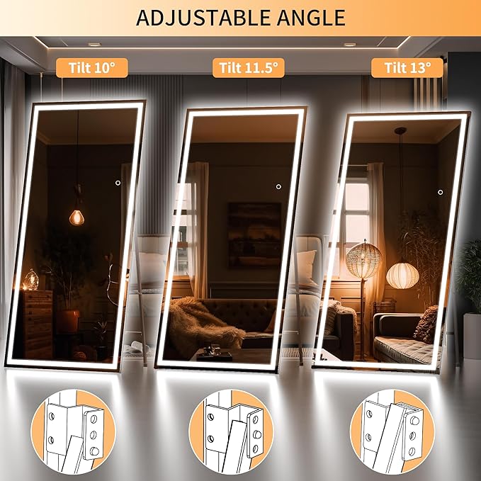 Hasipu Full Length Mirror with Lights, 75" x 28" LED Lighted Floor Standing, Full Body Dressing Hanging Mounted Mirror, Dimmable, Tempered Glass, Safe to Use, Square Black