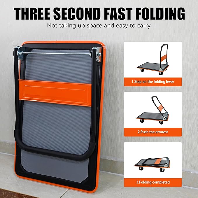 660lbs Large Size Heavy Duty Orange Flatbed Cart, Folding Steel Platform Hand Truck with 360° Silent Swivel Wheels, Utility Dolly for Storage & Moving