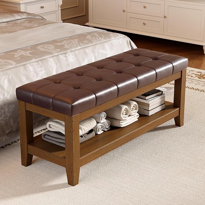 Solid Rubber Wood Shoe Bench, Easy-Clean PU Upholstered Seat, 770LB Load, Space-Saving Storage for Entryway/Living Room, Easy Assembly, Vintage Style, 43.3"x15.7"x17.7", Brown, UASND65R