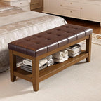 Solid Rubber Wood Shoe Bench, Easy-Clean PU Upholstered Seat, 770LB Load, Space-Saving Storage for Entryway/Living Room, Easy Assembly, Vintage Style, 43.3"x15.7"x17.7", Brown, UASND65R