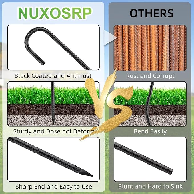 Black Rebar Stakes 12 inch (20pcs) - Heavy Duty 6mm Metal J Hook Ground Stakes,Galvanized Steel for Tent,Bounce House,Fence,Dog Coop,Artificial Turf,Outdoor Plants,Christmas & Holiday Decorations