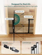 Babelio Baby Gate, 29-43" Auto-Close Easy Install Pet Gate, PressGuard P7 Extra Wide Walk Thru Child Safety Gate, 30" Tall Pressure-Mounted Metal Dog Gate for Doorways & Stairs, Black