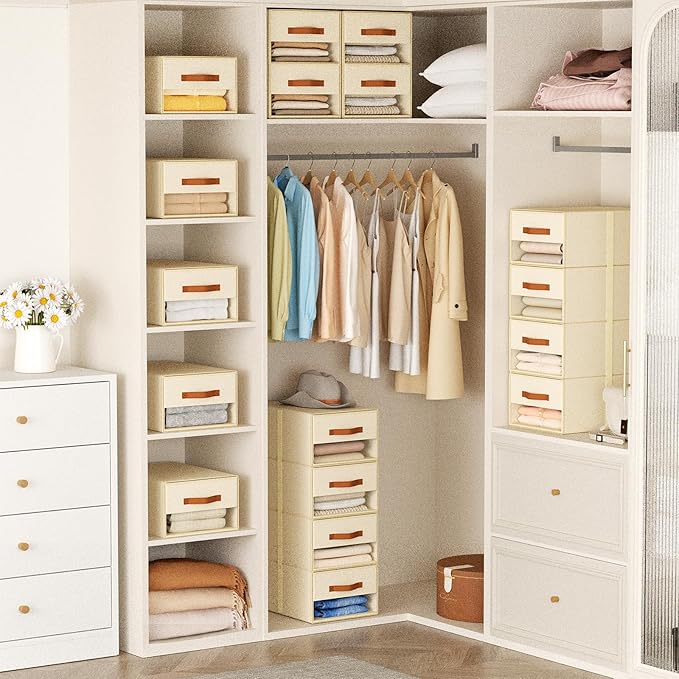 Stackable Storage Drawers - Pull Out Storage Bins with Drawers for Closet Clothes Organizers with Weekly Labels & Clear Window, Closet Shelf Storage for Bedroom, Living Room, 5 Pack, Beige