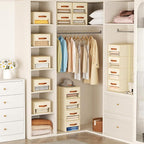 Stackable Storage Drawers - Pull Out Storage Bins with Drawers for Closet Clothes Organizers with Weekly Labels & Clear Window, Closet Shelf Storage for Bedroom, Living Room, 5 Pack, Beige