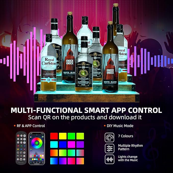 2-Pack 16‘’ LED Lighted Liquor Display, 3-Tier 30Inch Total Bar Shelves for Liquor Bottle, Illuminated Home Bar Shelf with RF & App Control, 7 Colors, Music Sync& 1-4H Timming, Light-Up Whiskey Rack