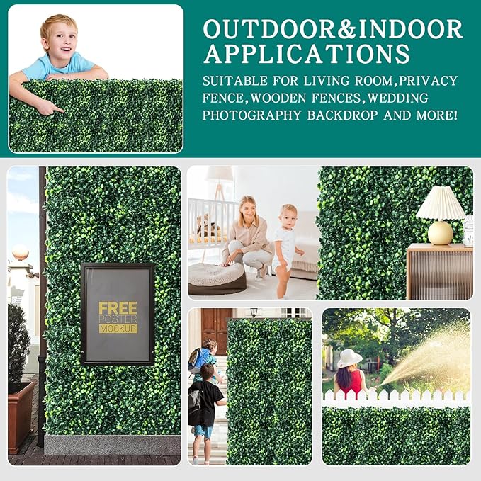 Grass Wall Panels,12Pcs 10"x 10" Artificial Boxwood Hedge Panels for Indoor Outdoor Decor,Higher Density Faux Greenery Wall Backdrop Green Wall Privacy Screen for Patio Party and Backyard