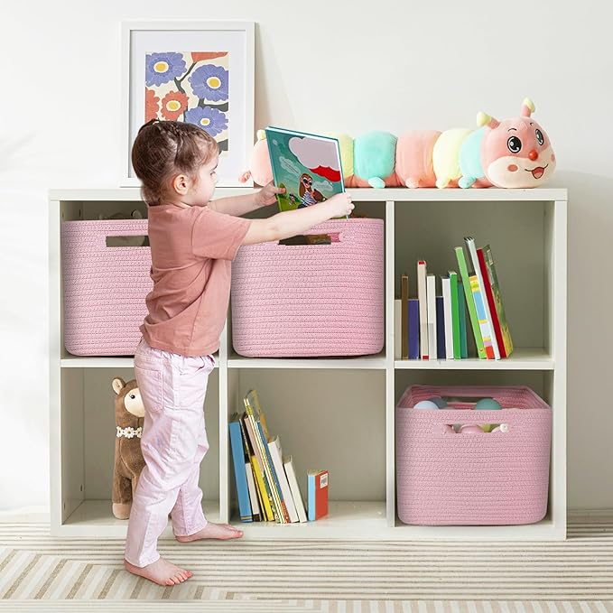 Shelf Woven Storage Basket, 15 x 10 x 9” Closet Rope Baskets For Organizing, Square Bins with Handles, Pink 1 Pack