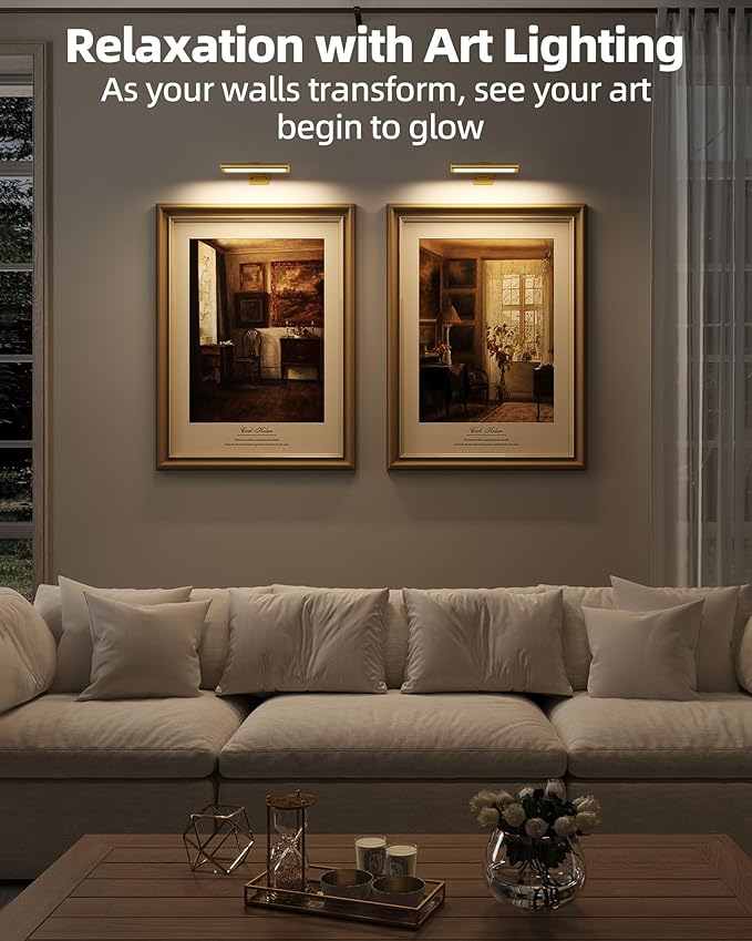 EZVALO Picture Light for Wall, Rechargeable 2400mAh Battery Lights Wireless Remote, 3 Color & Dimmable Magnetic 8'' LED Lights Display for Painting, Living Room, Gallery, Bedroom, Dashboard(Gold-3P)