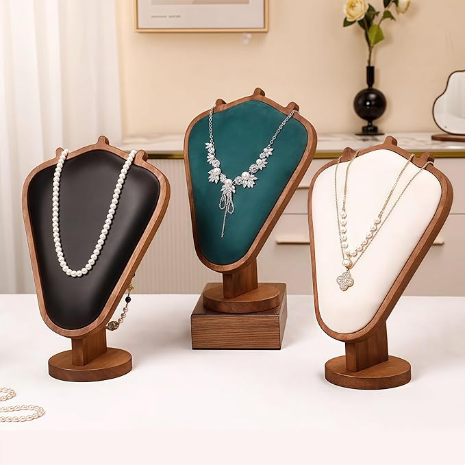 Walnut Color Body Wood Necklace Display Stand with Beige Flannelette Soft Mat Necklace Holder Organizer Desktop Stand for Home Store Dresser-4.45"x8.4"x12"
