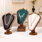 Walnut Color Body Wood Necklace Display Stand with Beige Flannelette Soft Mat Necklace Holder Organizer Desktop Stand for Home Store Dresser-4.45"x8.4"x12"