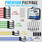 Bungee Cords Heavy Duty Outdoor - 30 PCS Bungee Cord with Hooks Assorted Sizes in Carry Bag, 10", 18", 24", 32", 40" Bungee Cords with Hooks & 8" Canopy, Bungee Balls, Tarp Clips