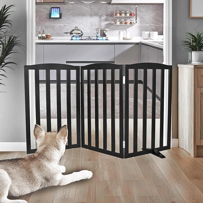 Freestanding Dog Gate Indoor,Doggie Gate Foldable Pet Gates for Doorways,Stairs or Hallways, Wooden Black Pet Gate for The House, Pet Fence with Support Feet Included,32 "Height-3 Panels