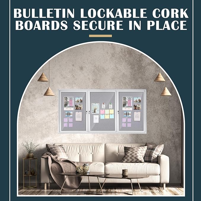 Enclosed Bulletin Board 72" x 36" Weather Resistant Lockable 3 Door Weatherproof Wall Mounted Enclosed Cork Board Aluminum Frame Display Case for Office, School, Commercial, 18xA4(Gray)