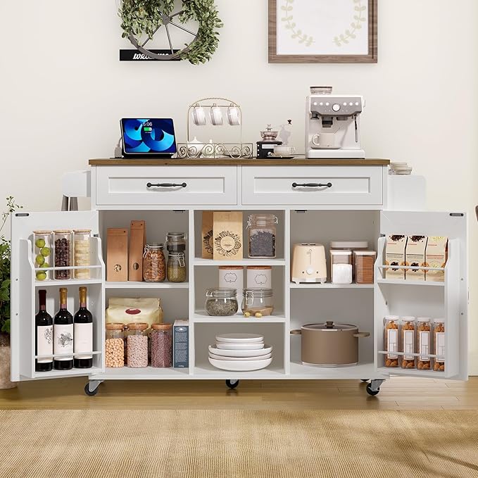 Kitchen Island with Power Outlets & Drop Leaf, Kitchen Cart with Storage, Drawer and Spice Rack, Tower Rack, Island Table, White and Walnut