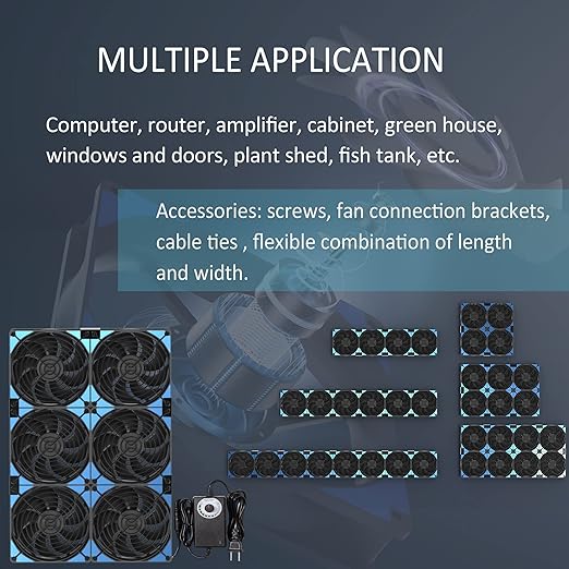 120mmx6 720mm Adjustable Computer PC Box Vent Fans 3V-12V Speed Controller for Flexible Arrange Cabinet Rack Space Window Wall Server Mining Rig Chicken Coop Exhaust Cooling