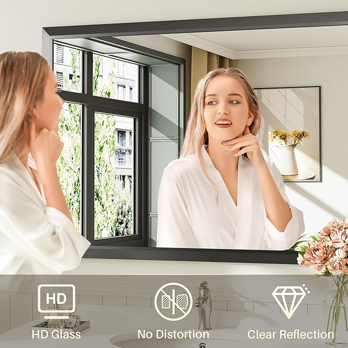 40x38 Inch Black Bathroom Mirror for Wall, Thick Metal Framed Rectangle Mirrors for Over Sink, Bedroom, Living Room, Entryway, Anti-Rust, HD Tempered Glass