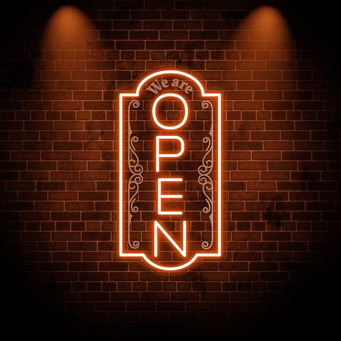 Vertical open sign Vertical Open Led Sign Neon Sign business window light vertical open signs for business (Orange - 24x12")
