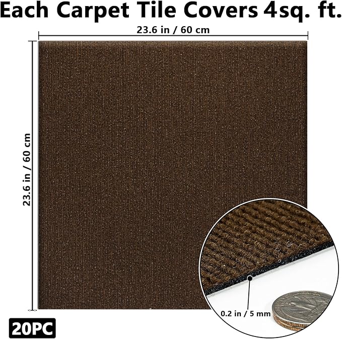 Carpet Tiles Peel and Stick, Self Adhesive Carpet Floor Tile 24" x 24", Brown Soft Padded Flooring Sticker, Home Decor for Bedroom Living Room Office, 20 Tiles per Box